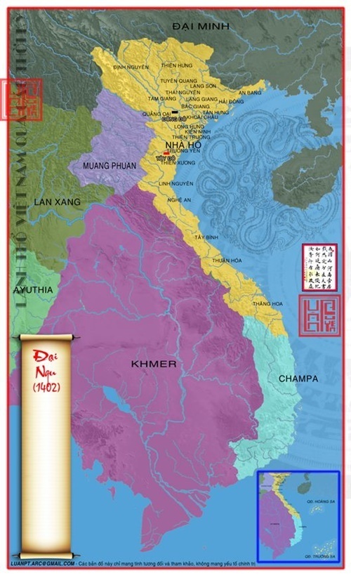 Bản đồ lãnh thổ nước Đại Ngu năm 1402. Bản đồ VN xưa.