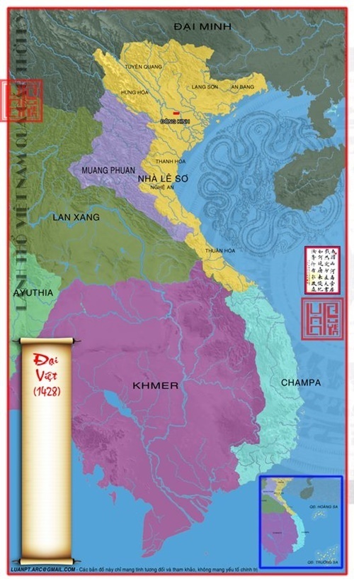 Bản đồ Việt Nam xưa. Năm 1425 Lê Lợi đã làm chủ toàn bộ đất đai từ Thanh Hóa trở vào.