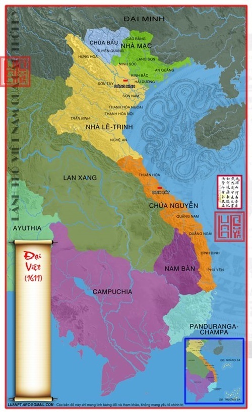 Bản đồ Đại Việt năm 1611, đất họ Nguyễn đã trải dài đến vùng cực nam Phú Yên.