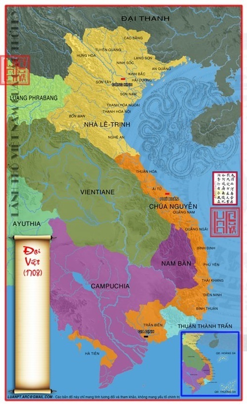 Bản đồ lãnh thổ Đại Việt năm 1708 khai phá đến vùng đất Hà Tiên – Kiên Giang ngày nay