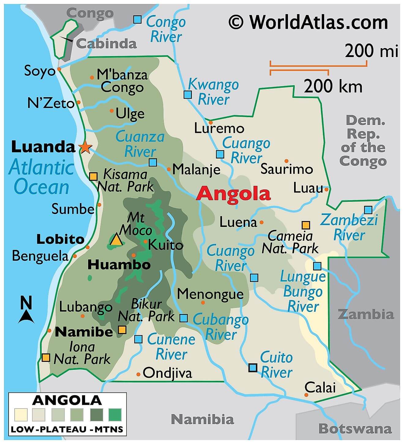 Physical Map of Angola 