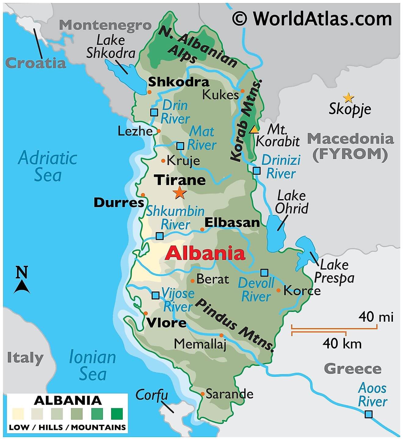 Bản đồ vật lý của Albania