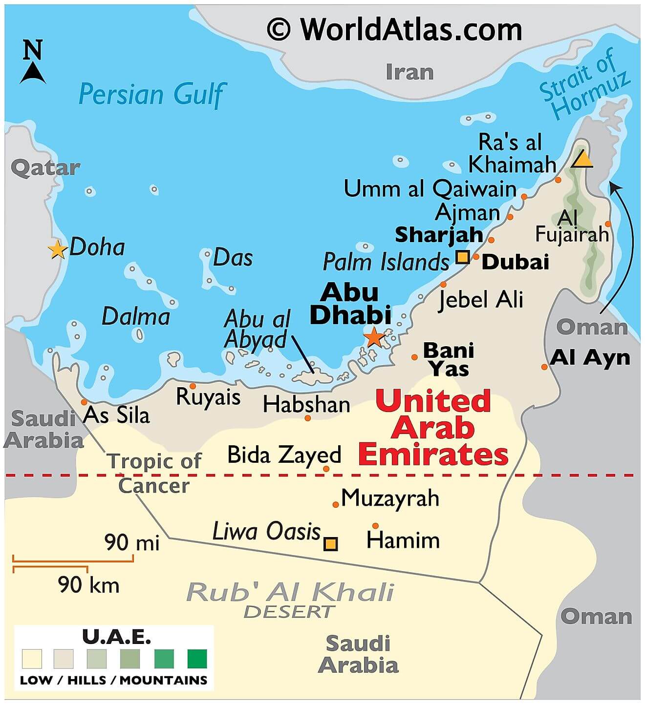 Bản đồ vật lý của Các Tiểu vương quốc Ả Rập Thống nhất