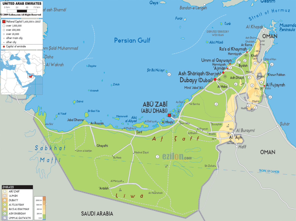 Bản đồ vật lý Các tiểu vương quốc Ả Rập Thống nhất