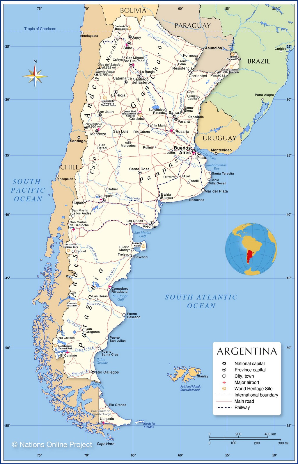 Bản đồ hành chính của Argentina, với các thành phố lớn, đường bộ, đường sắt, sân bay