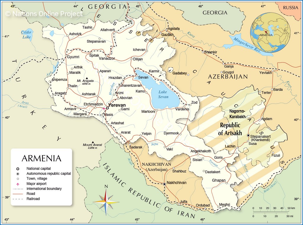 Bản đồ hành chính của Armenia và Cộng hòa Nagorno-Karabakh (Artsakh)