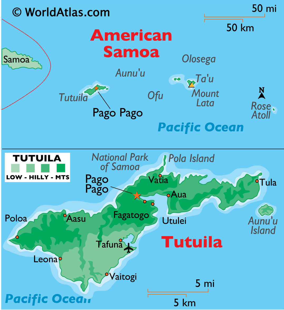 Bản đồ vật lý của Samoa thuộc Mỹ