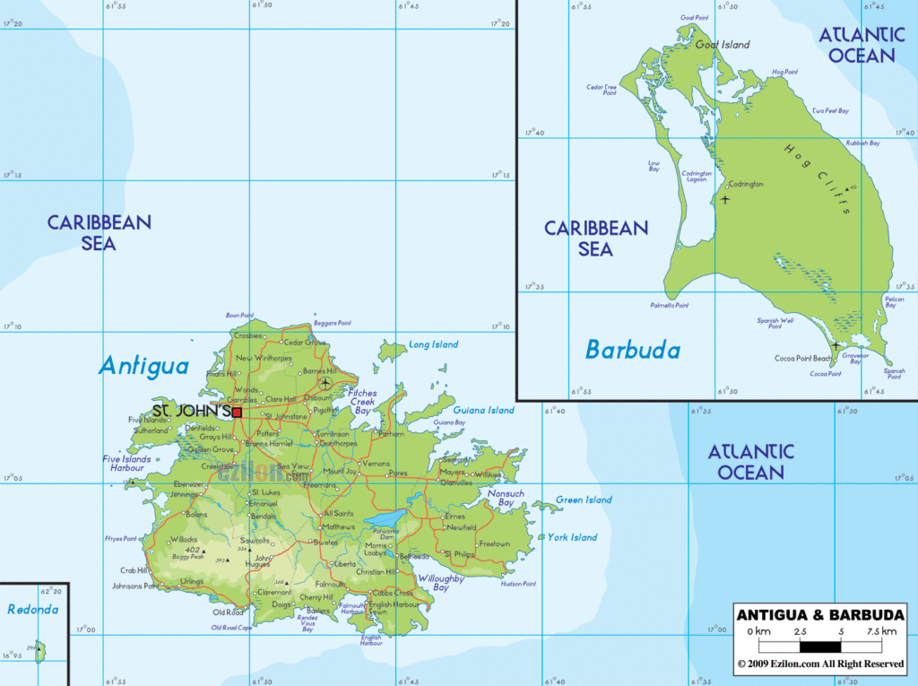 Antigua & Barbuda physical map.