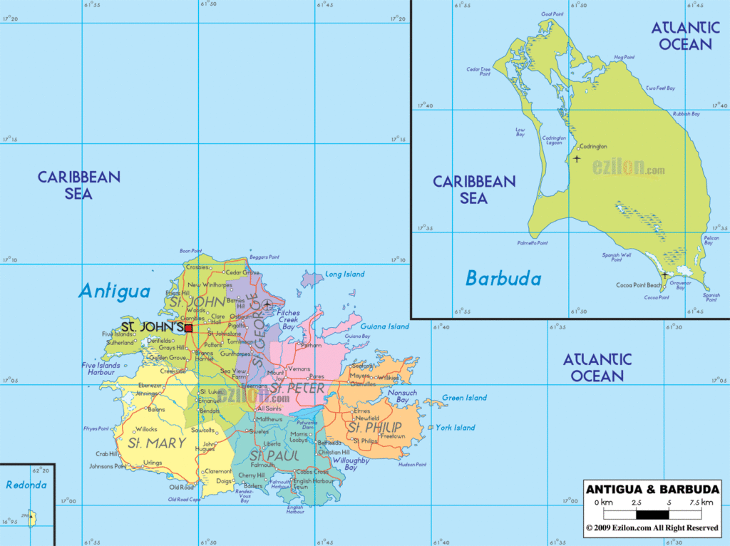 Antigua & Barbuda political map.
