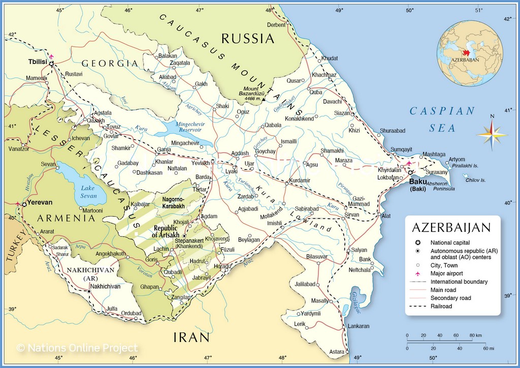 Bản đồ hành chính của Azerbaijan với Cộng hòa tự trị Nakhchivan, vị trí của Khu tự trị Nagorno-Karabakh cũ và Cộng hòa Artsakh