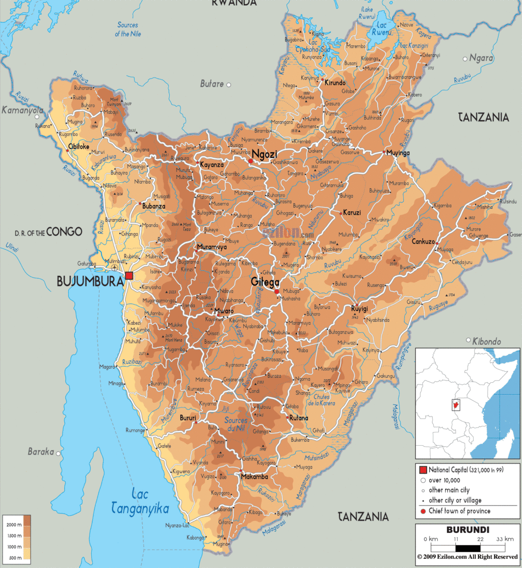 Burundi physical map.