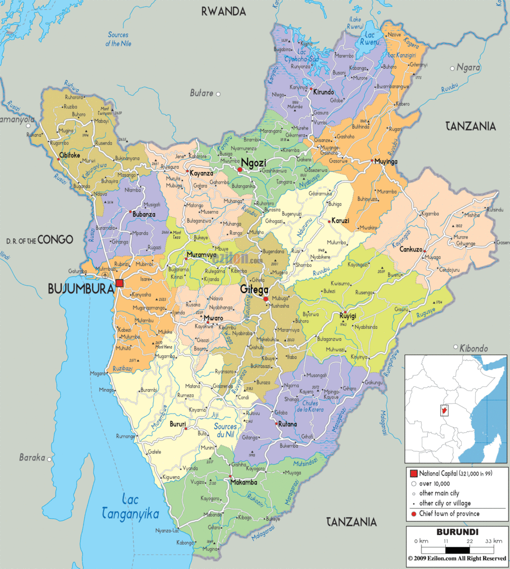Burundi political map.