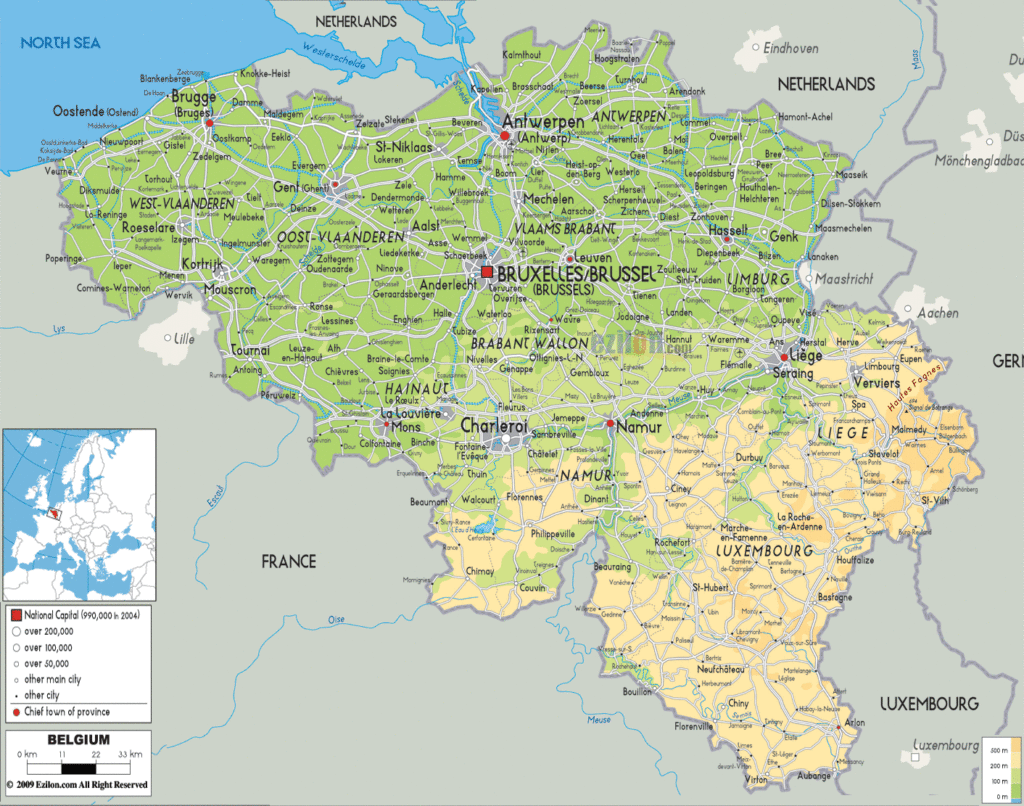 Belgium physical map.