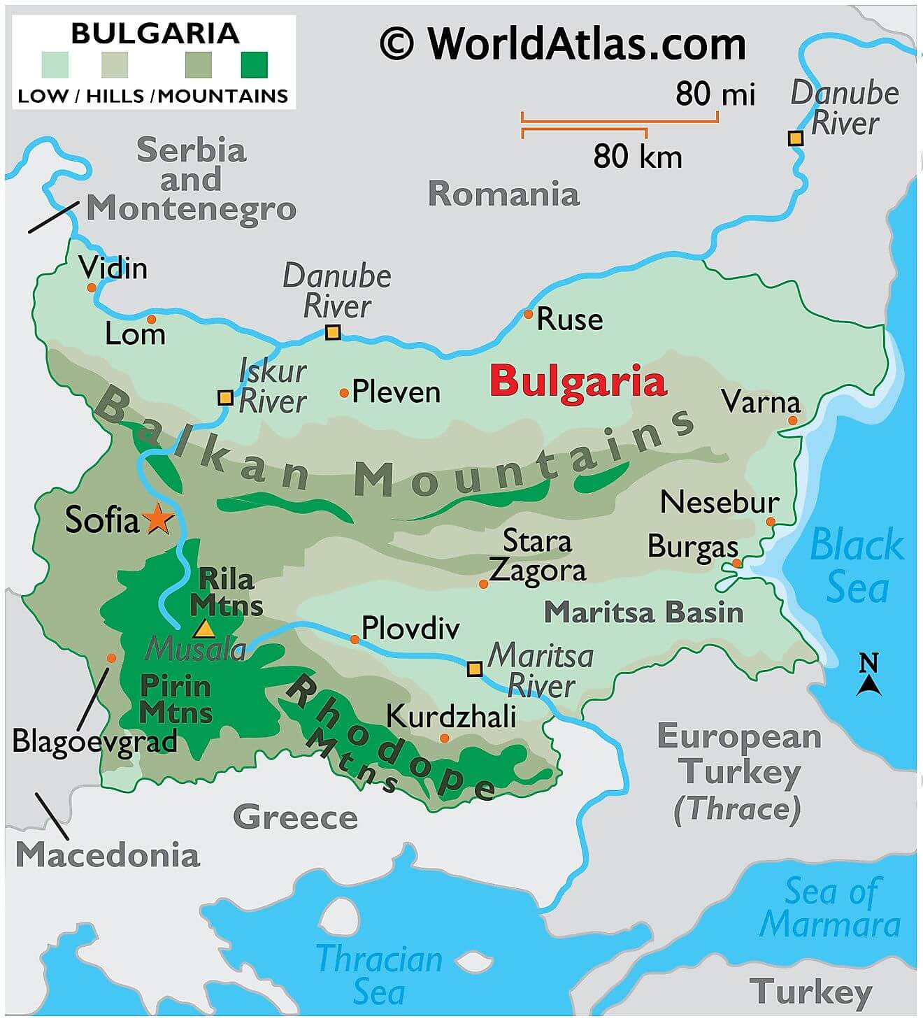 Bản đồ vật lý của Bulgaria