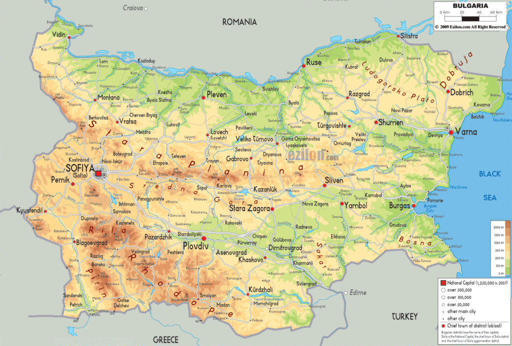 Bản đồ vật lý Bulgaria