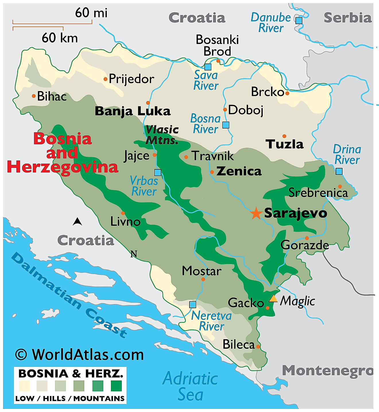 Bản đồ vật lý của Bosnia và Herzegovina