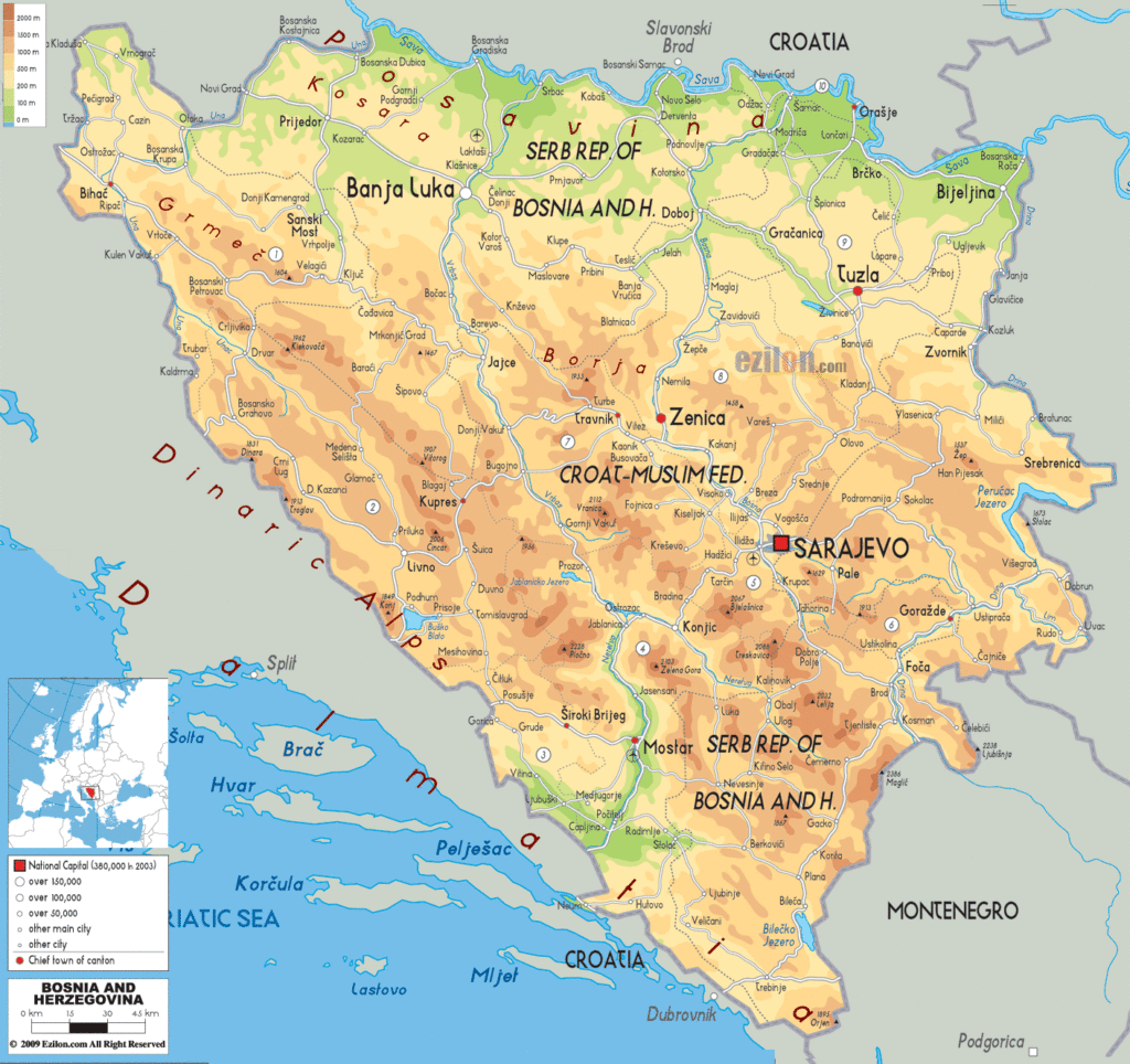 Bản đồ vật lý Bosnia và Herzegovina