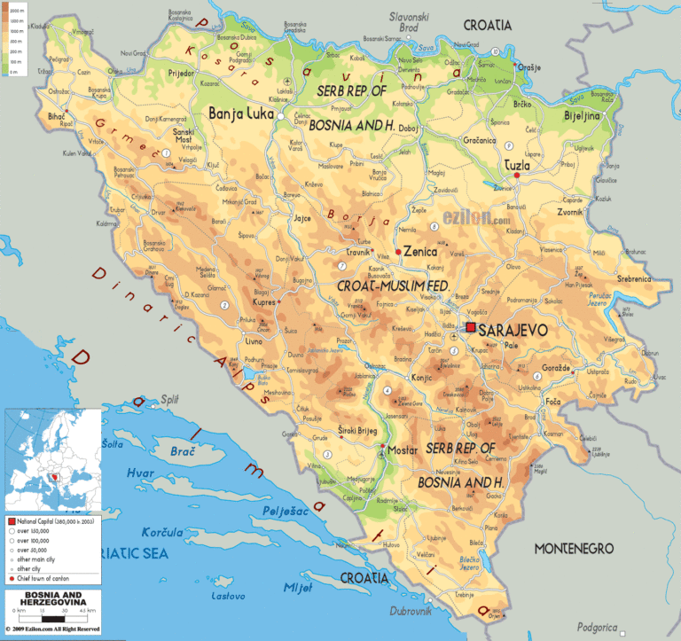 Bản đồ tự nhiên Bosnia và Herzegovina khổ lớn