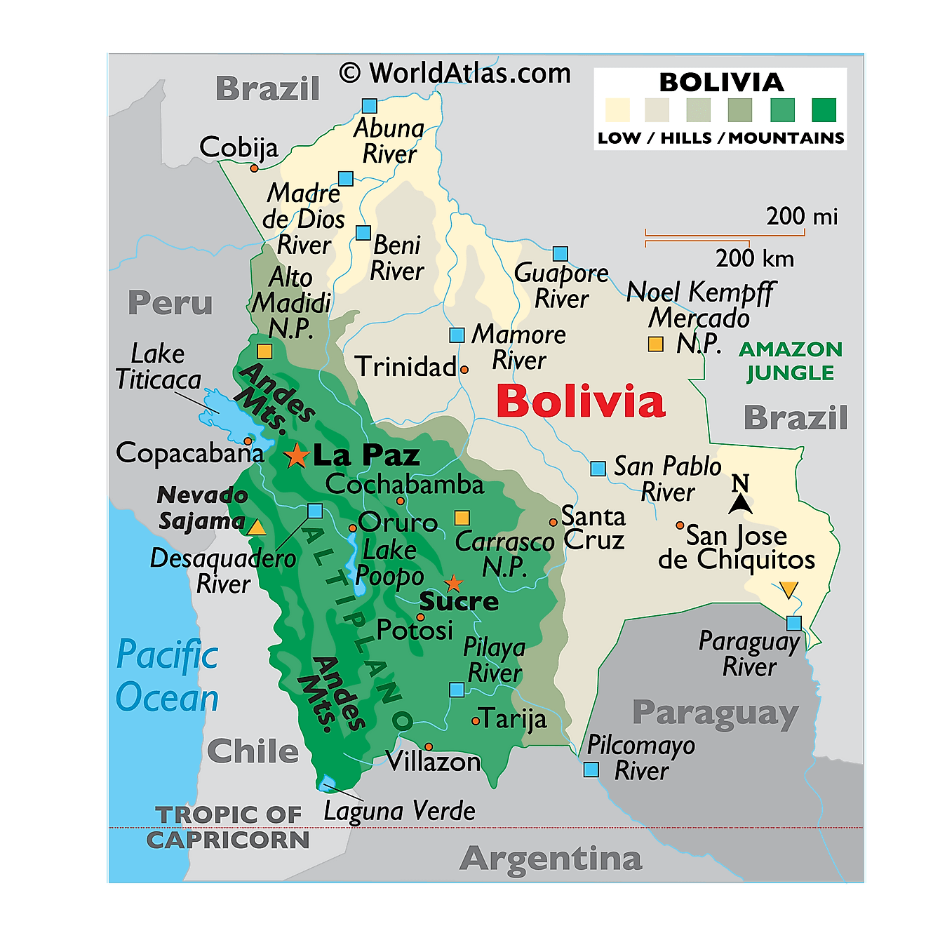 Physical Map of Bolivia