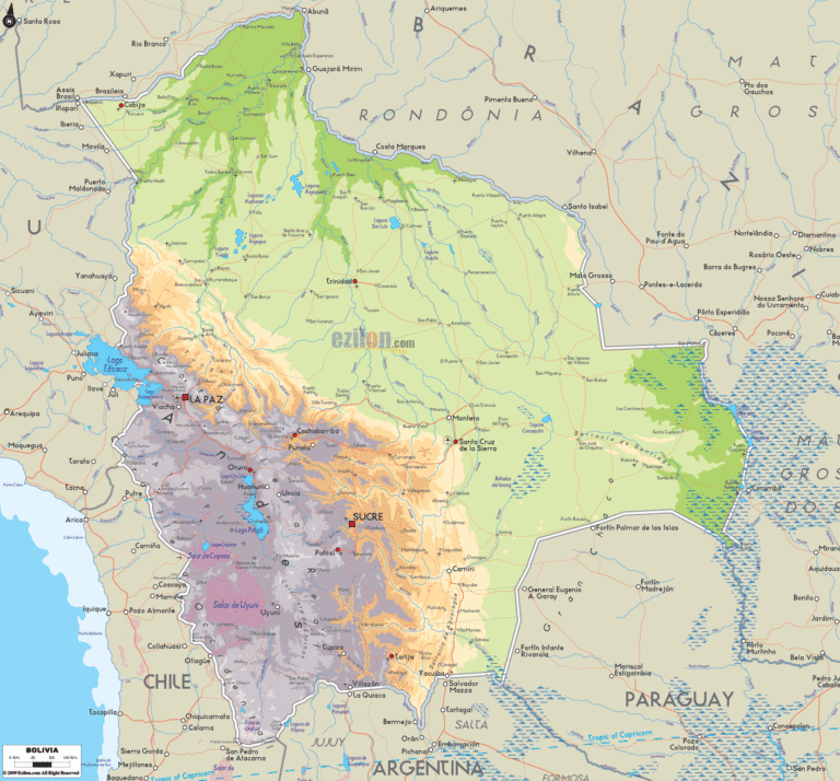 Bản đồ tự nhiên Bolivia khổ lớn