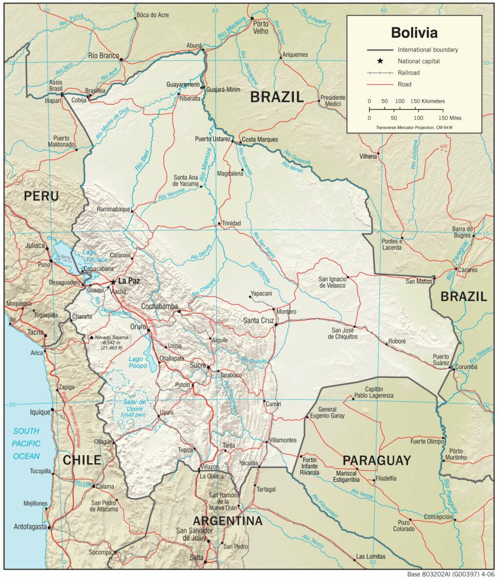 Bolivia physiography map.