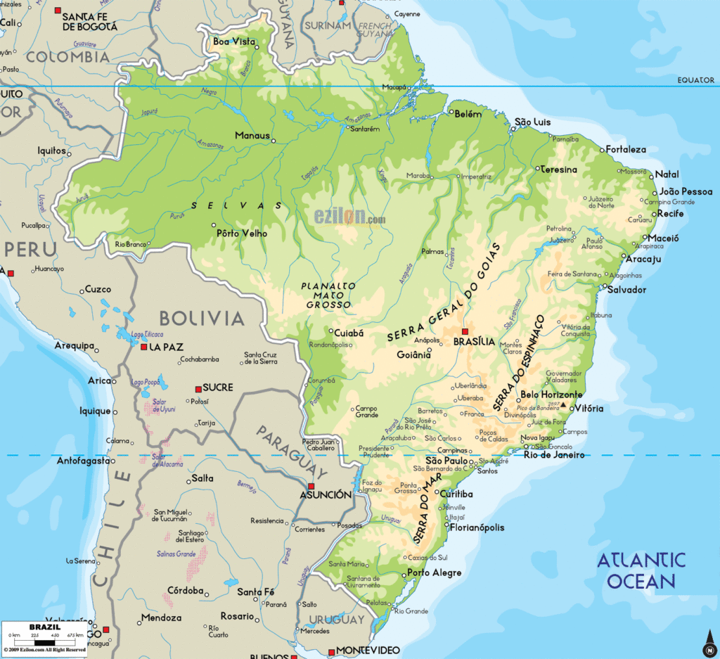 Brazil physical map.