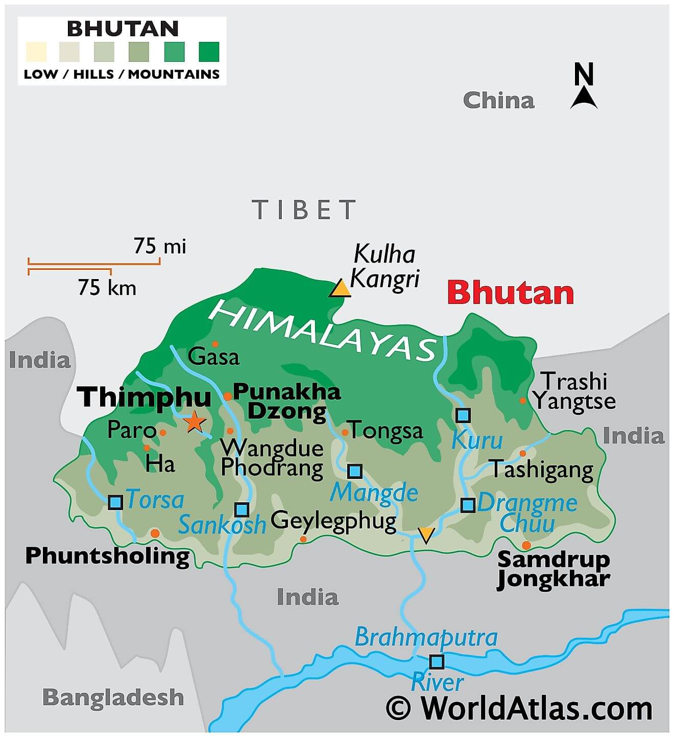 Bản đồ vật lý của Bhutan