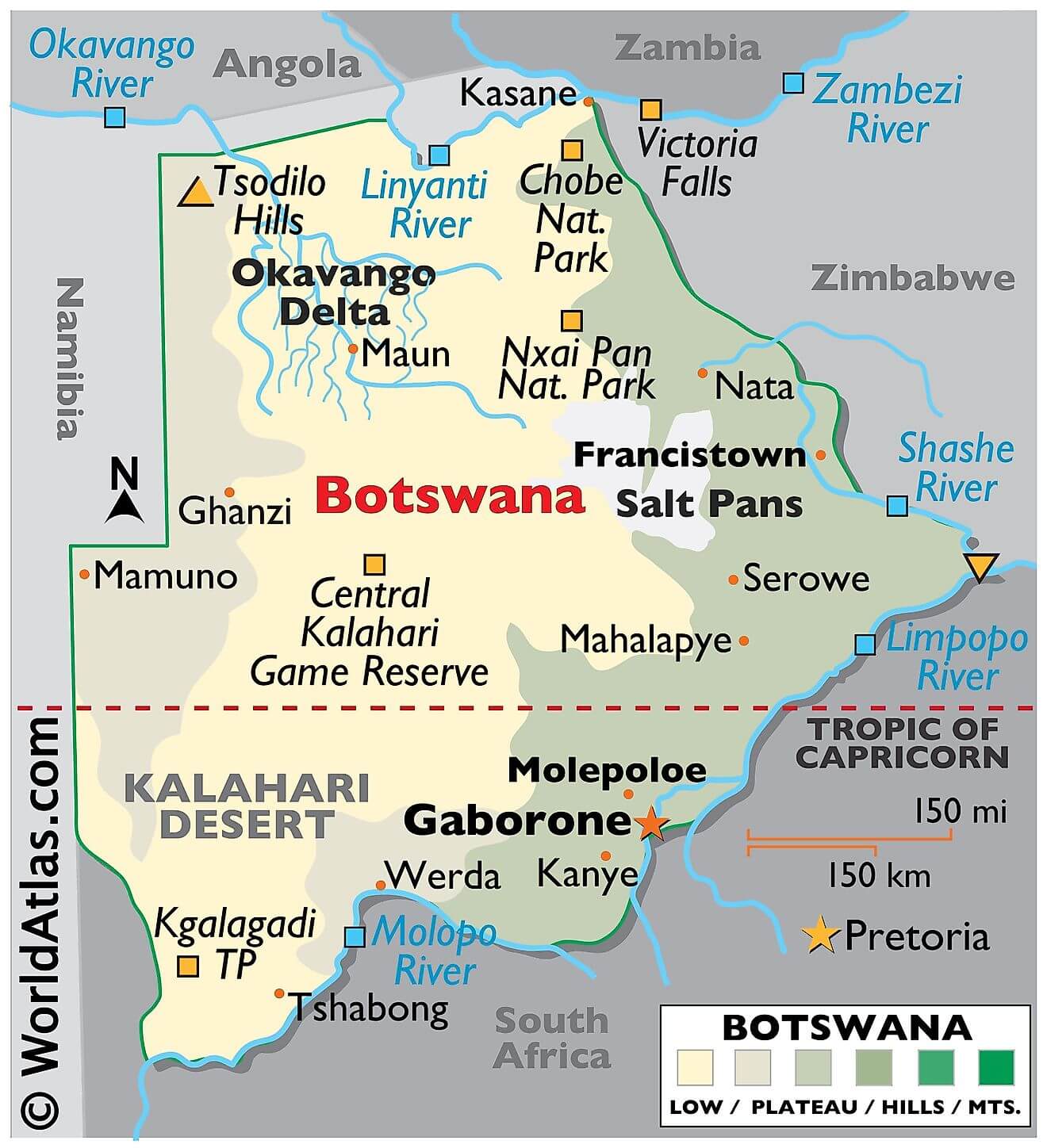Bản đồ vật lý của Botswana