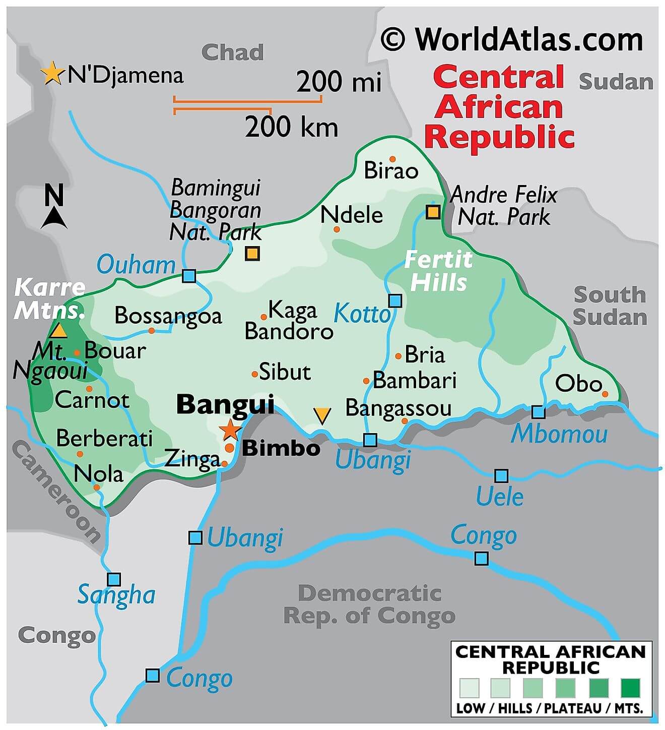 Bản đồ vật lý của Cộng hòa Trung Phi