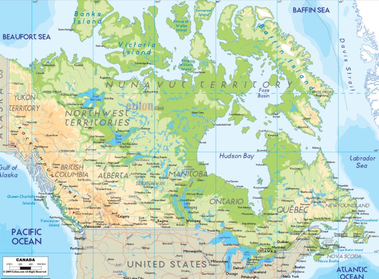 Bản đồ tự nhiên Canada khổ lớn