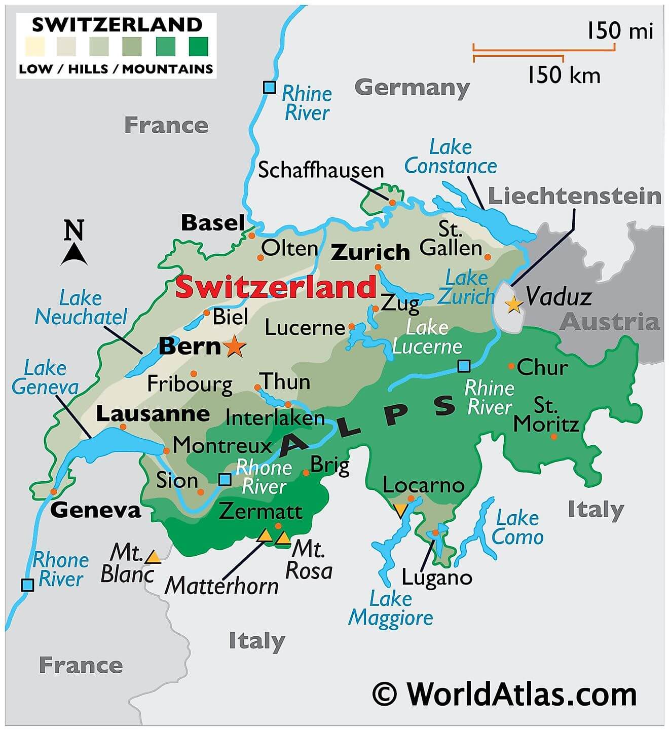 Bản đồ vật lý của Thụy Sĩ