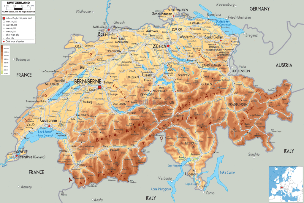 Bản đồ vật lý Thụy Sĩ