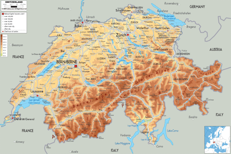 Bản đồ tự nhiên Thụy Sĩ khổ lớn