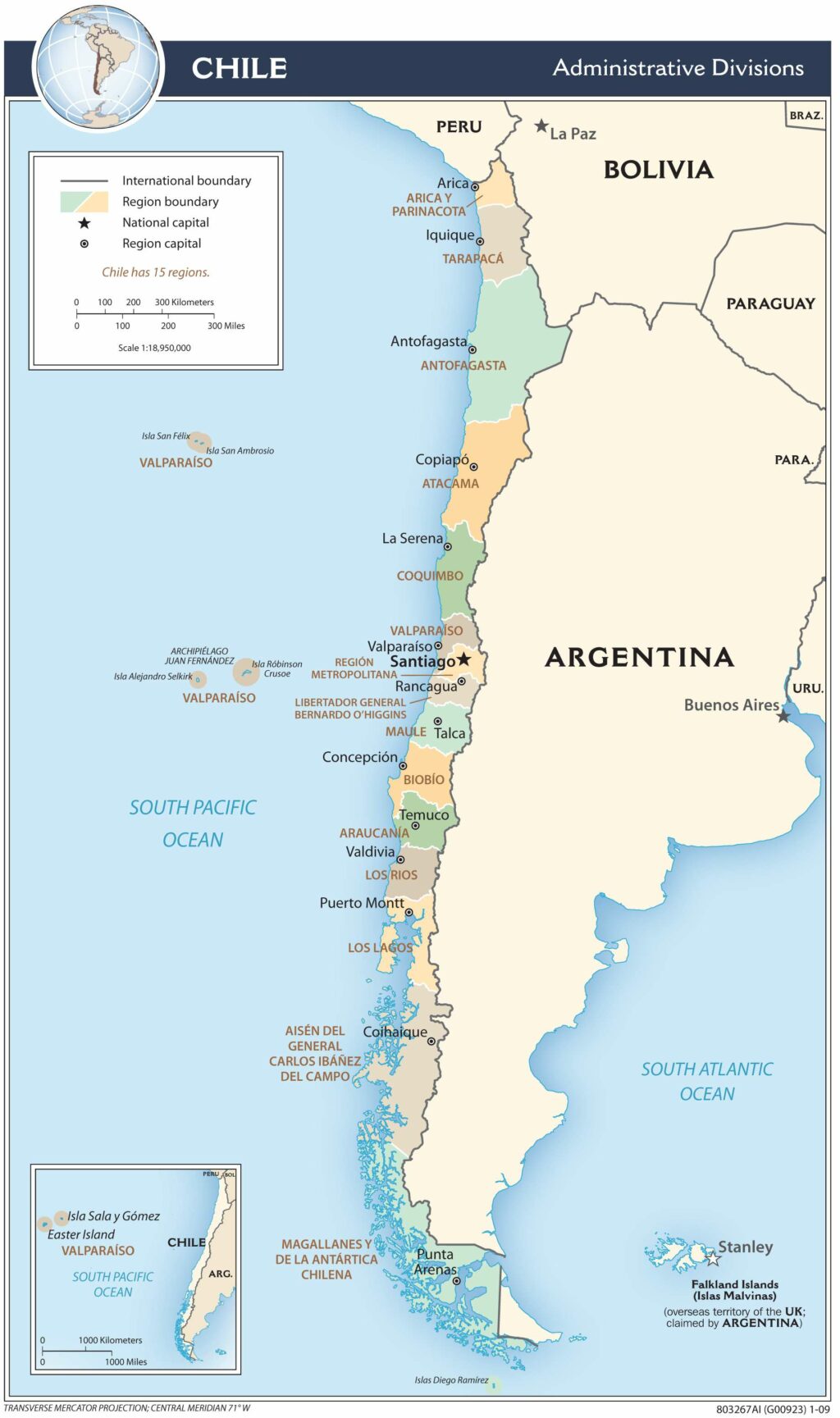Chile administrative map.
