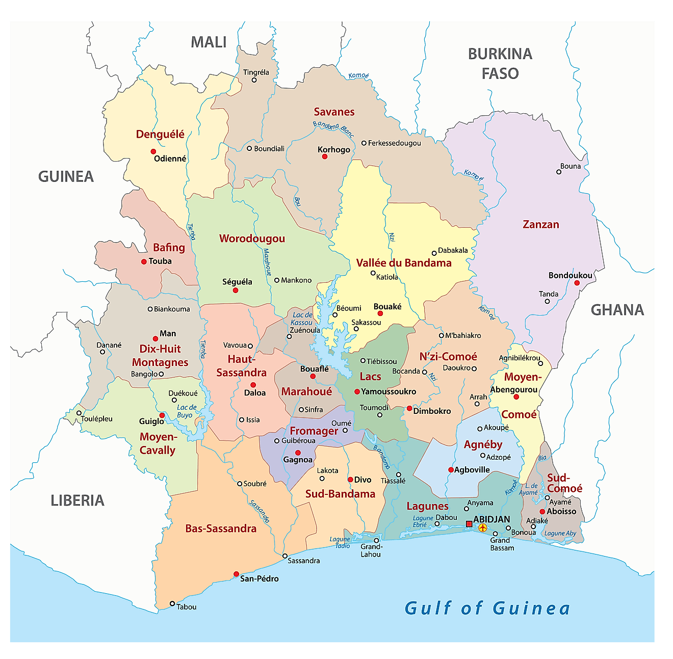 Các quận của Côte d'Ivoire Bản đồ