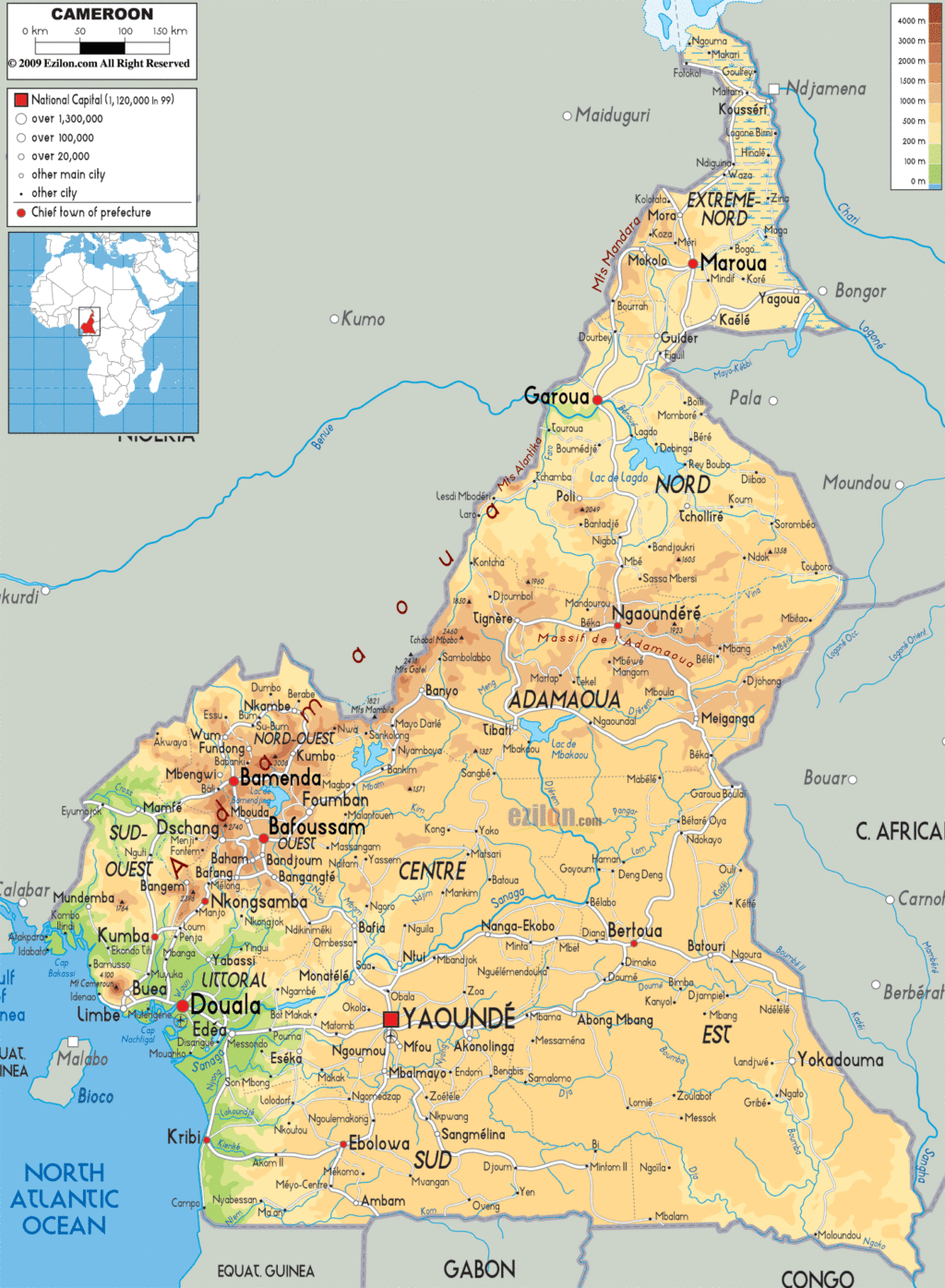 Bản đồ vật lý Cameroon
