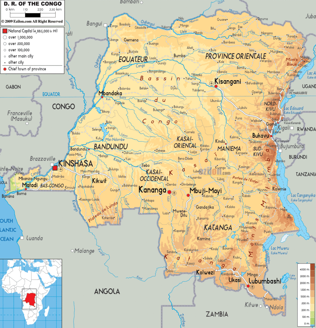 Bản đồ vật lý Cộng hòa dân chủ Congo