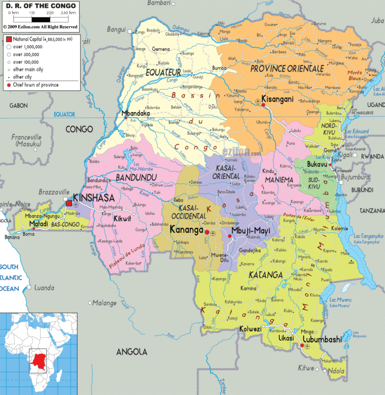 Bản đồ hành chính Cộng hòa dân chủ Congo khổ lớn