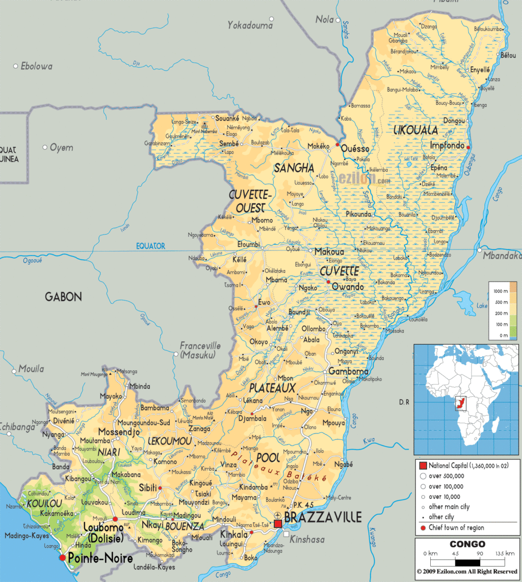 Bản đồ vật lý Cộng hòa Congo