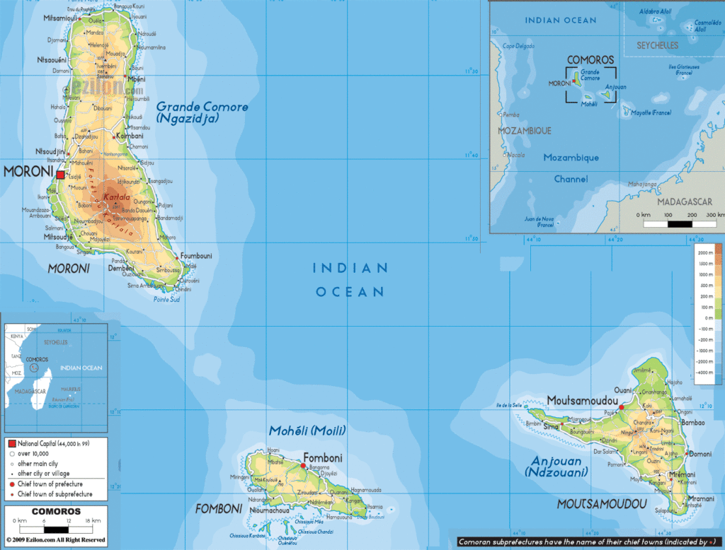 Bản đồ vật lý Comoros