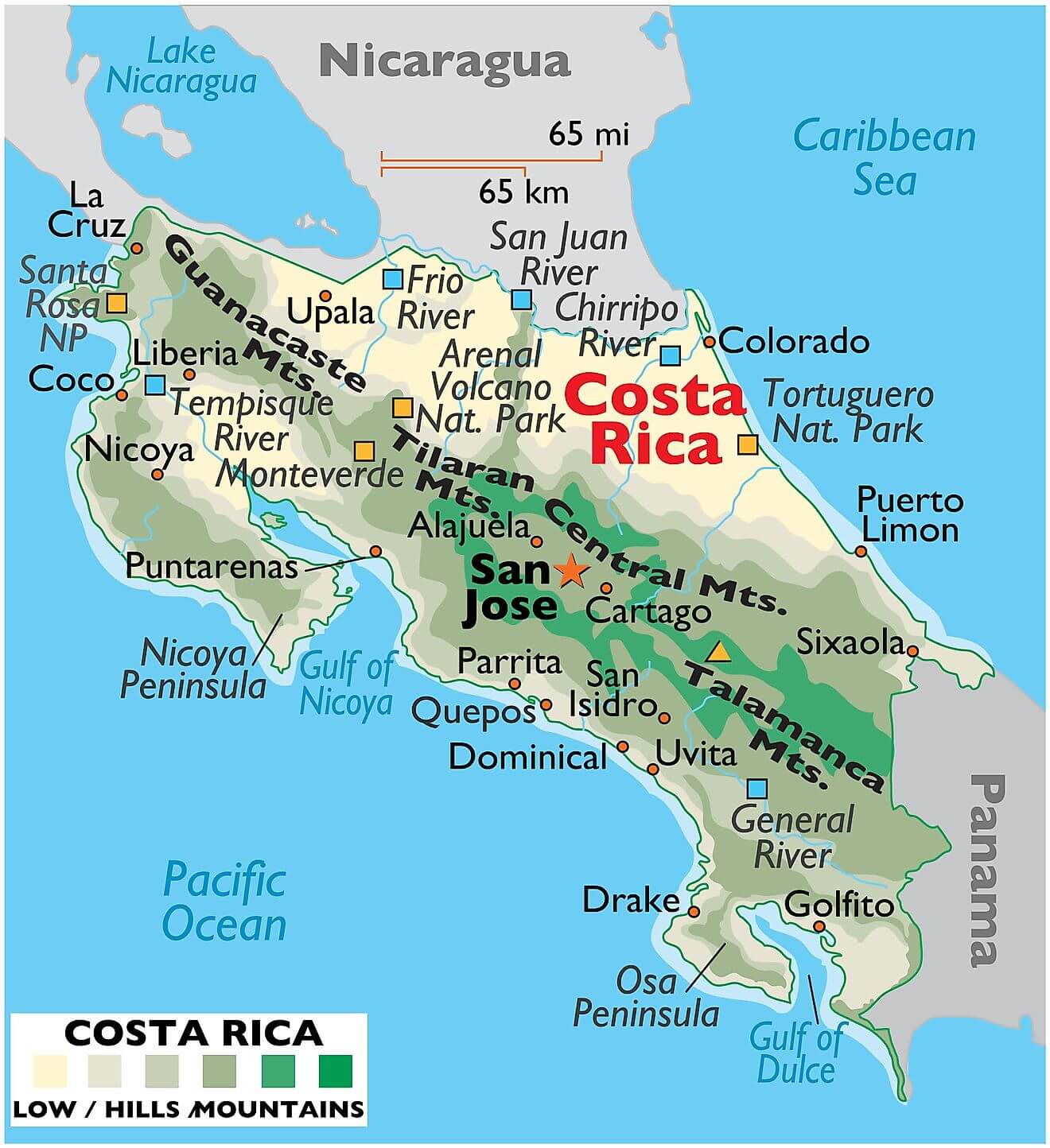 Physical Map of Costa Rica