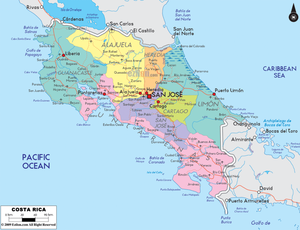 Costa Rica political map.