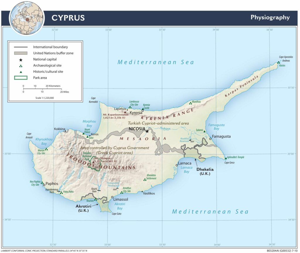 Cyprus physiography map.