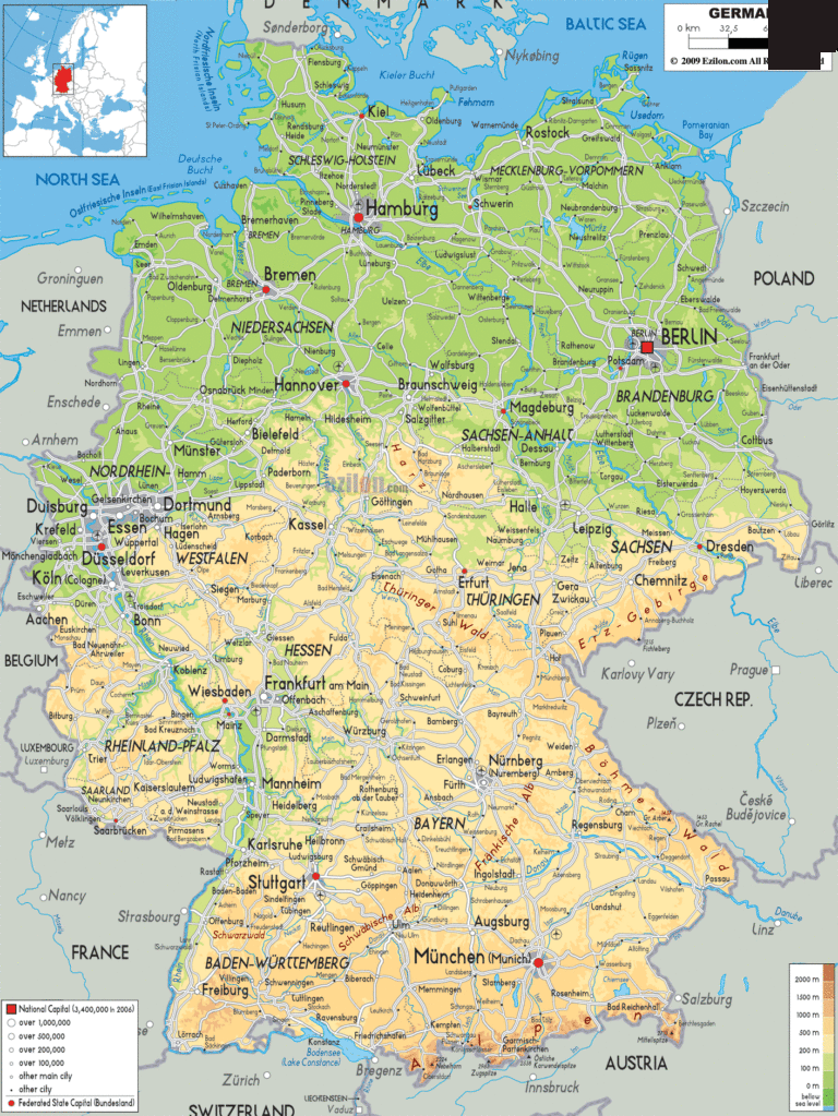 Bản đồ tự nhiên nước Đức khổ lớn