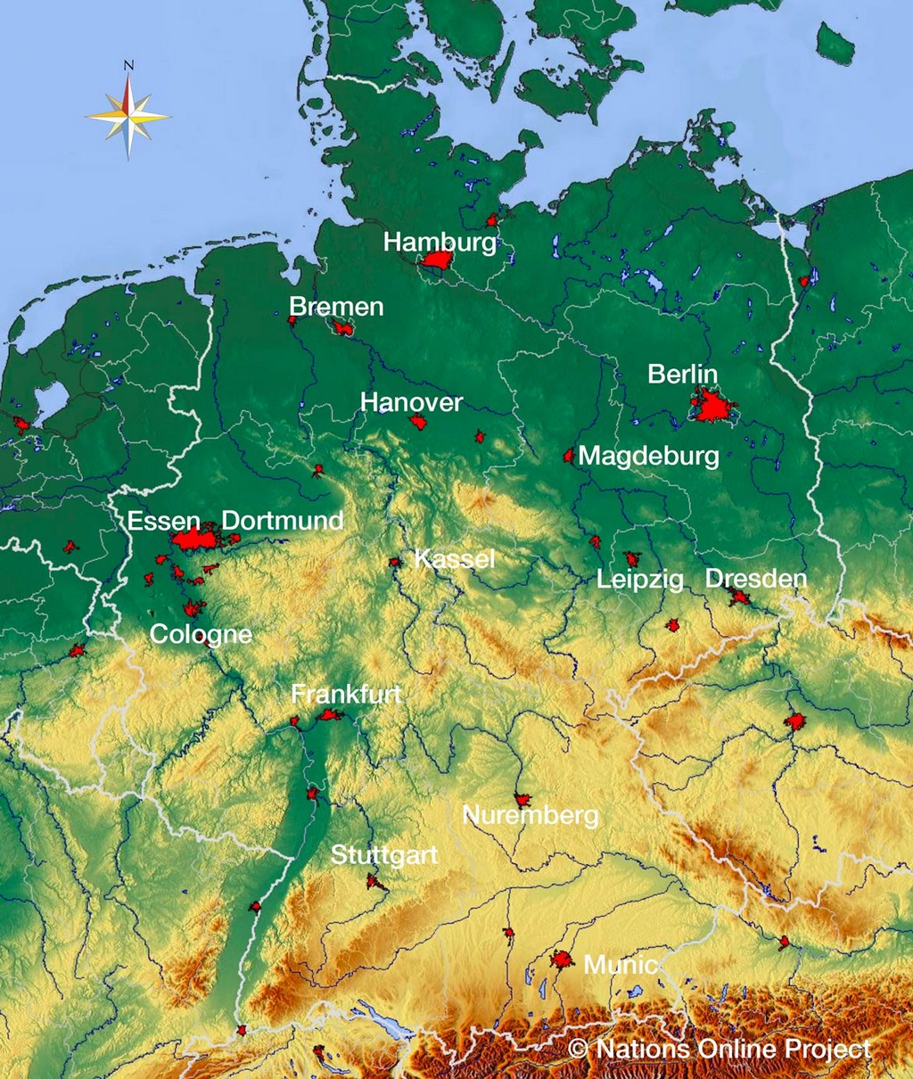 Bản đồ độ cao địa hình của Đức.