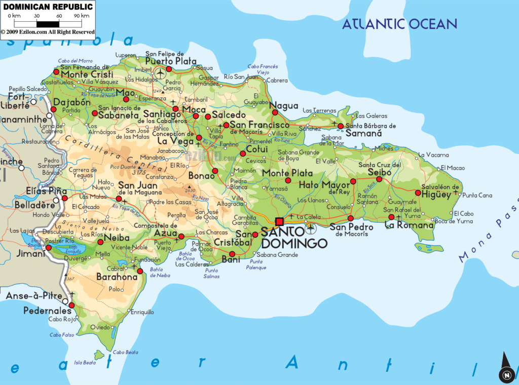 Bản đồ vật lý Cộng hòa Dominican