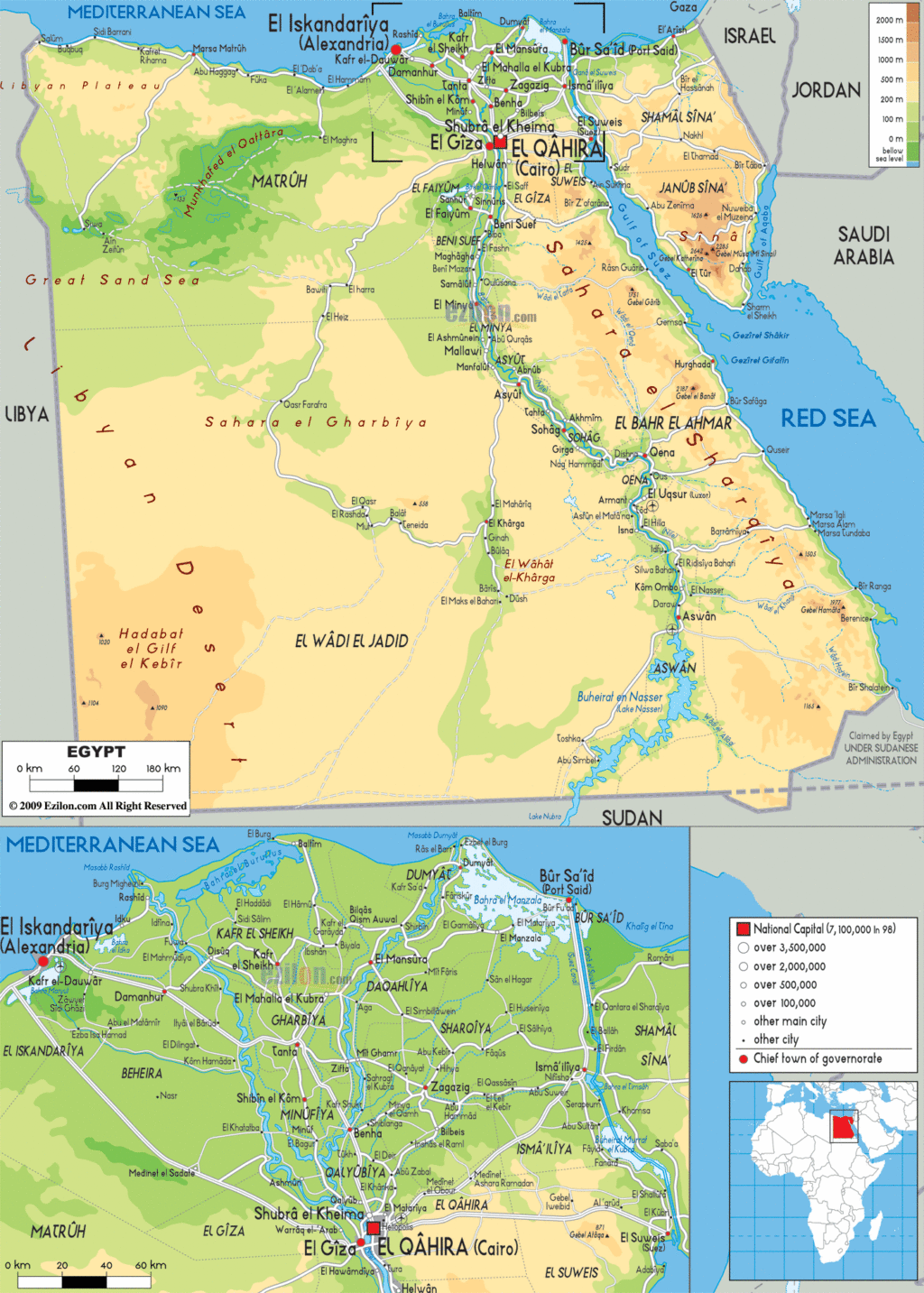 Egypt physical map.