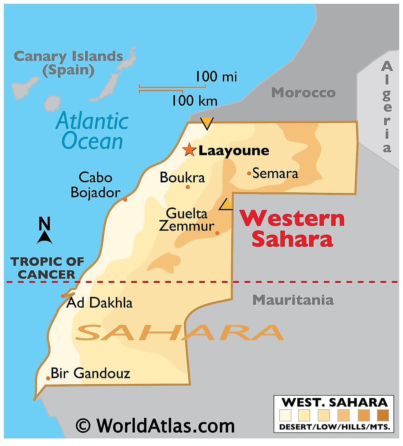Bản đồ vật lý của Tây Sahara
