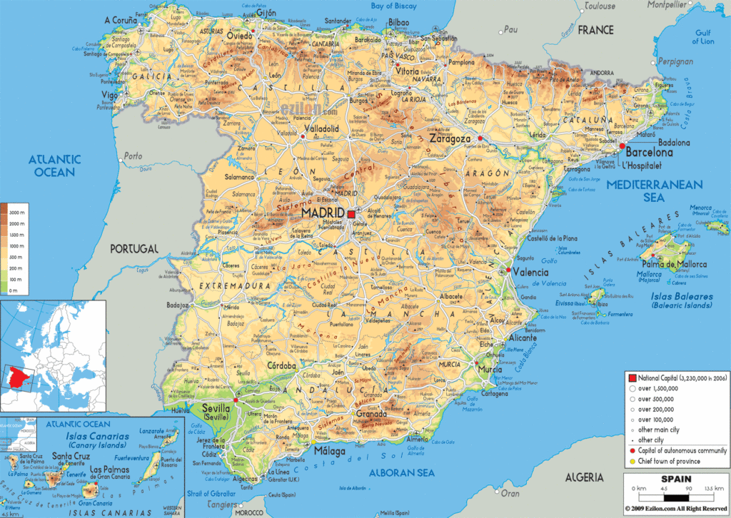 Bản đồ vật lý Tây Ban Nha