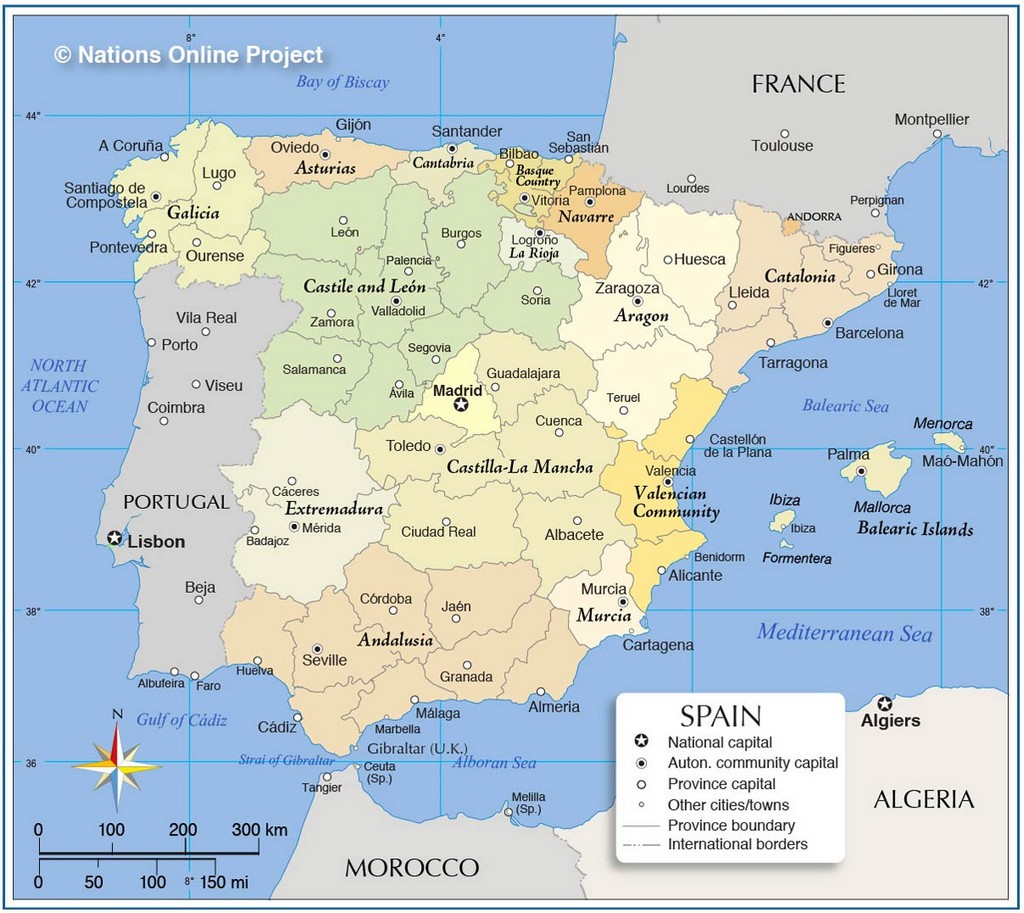 Bản đồ hành chính của Tây Ban Nha với các cộng đồng và tỉnh tự trị.